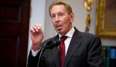 Oracle co-founder, CTO and Executive Chairman Larry Ellison listens as U.S. President Donald Trump speaks to reporters in the Oval Office of the White House on February 03, 2025 in Washington DC.