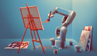 An illustration of a robotic arm painting at an easel
