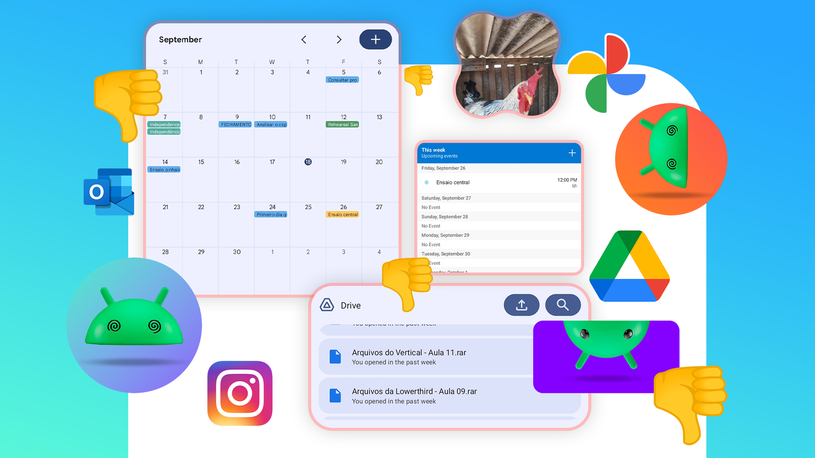 Collage showing Android widgets, surrounded by thumbs-down icons and Android logos.