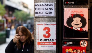 Currency prices displayed in a storefront in the financial district of Buenos Aires on September 8.