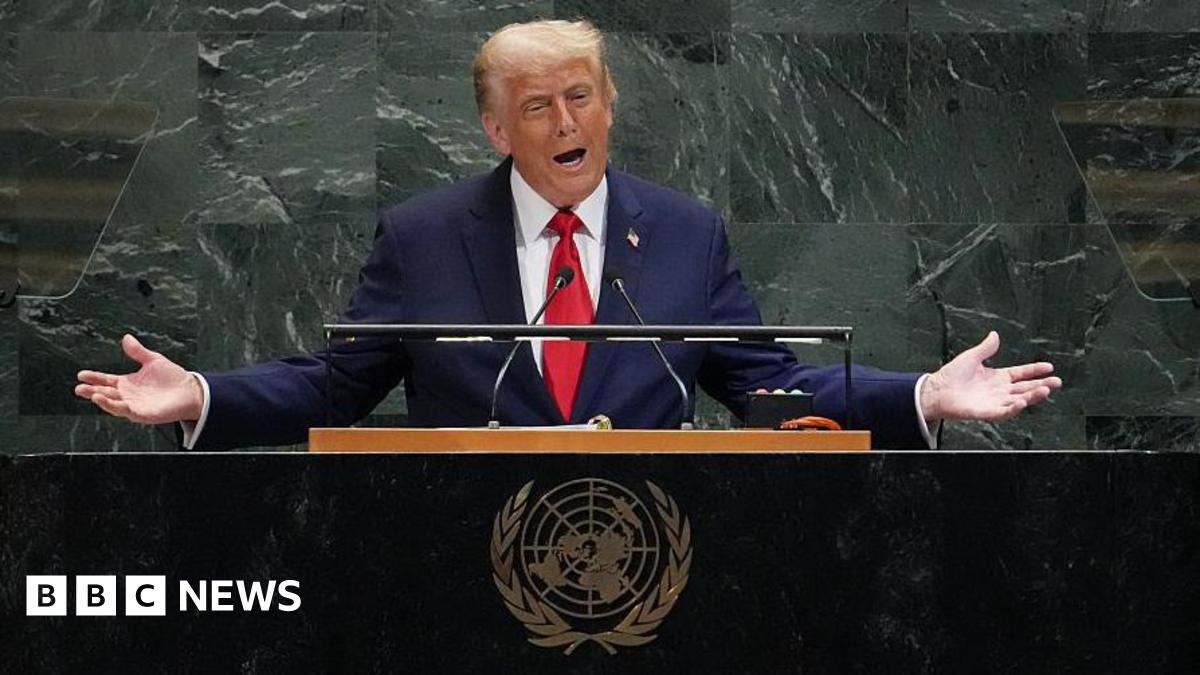 US President Donald Trump stands at the podium with his arms out