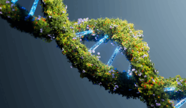 a double-helix of DNA is studded with colorful flowers and leaves