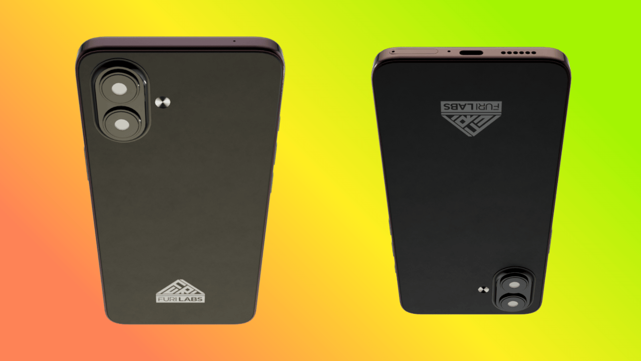 the top and bottom views of the furi labs flx1s are shown against a mixed yellow/orange/green background