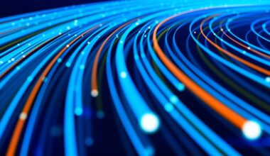 Illustration of network data represented by curving lines flowing on a dark background.