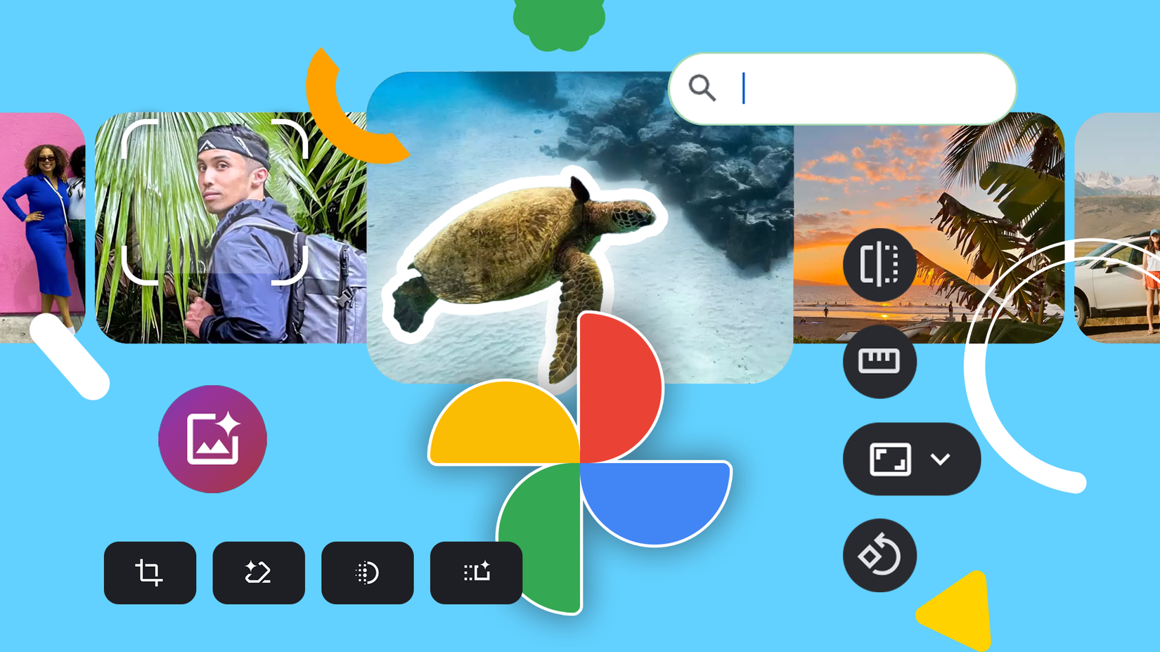 Google Photos editor interface with photos, editing icons, and the app logo in the center.