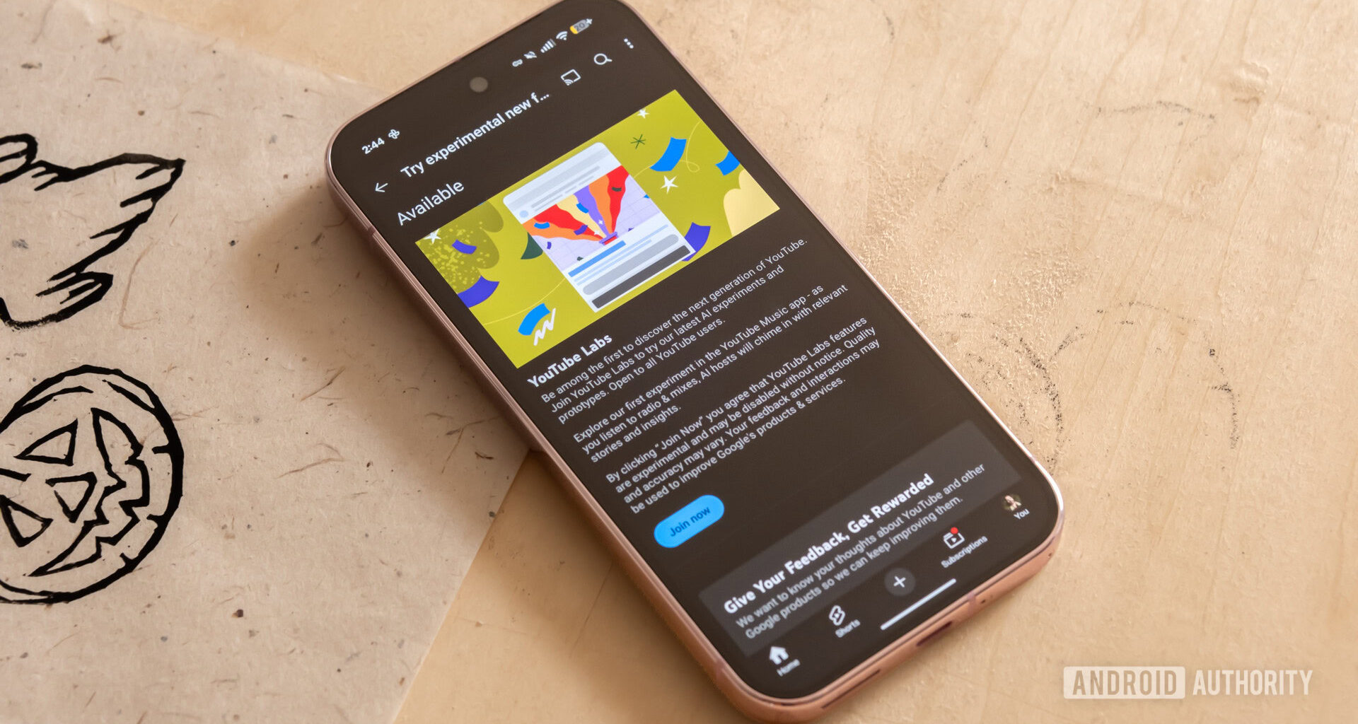 A Google Pixel 9 Pro showing the YouTube Labs signup page.