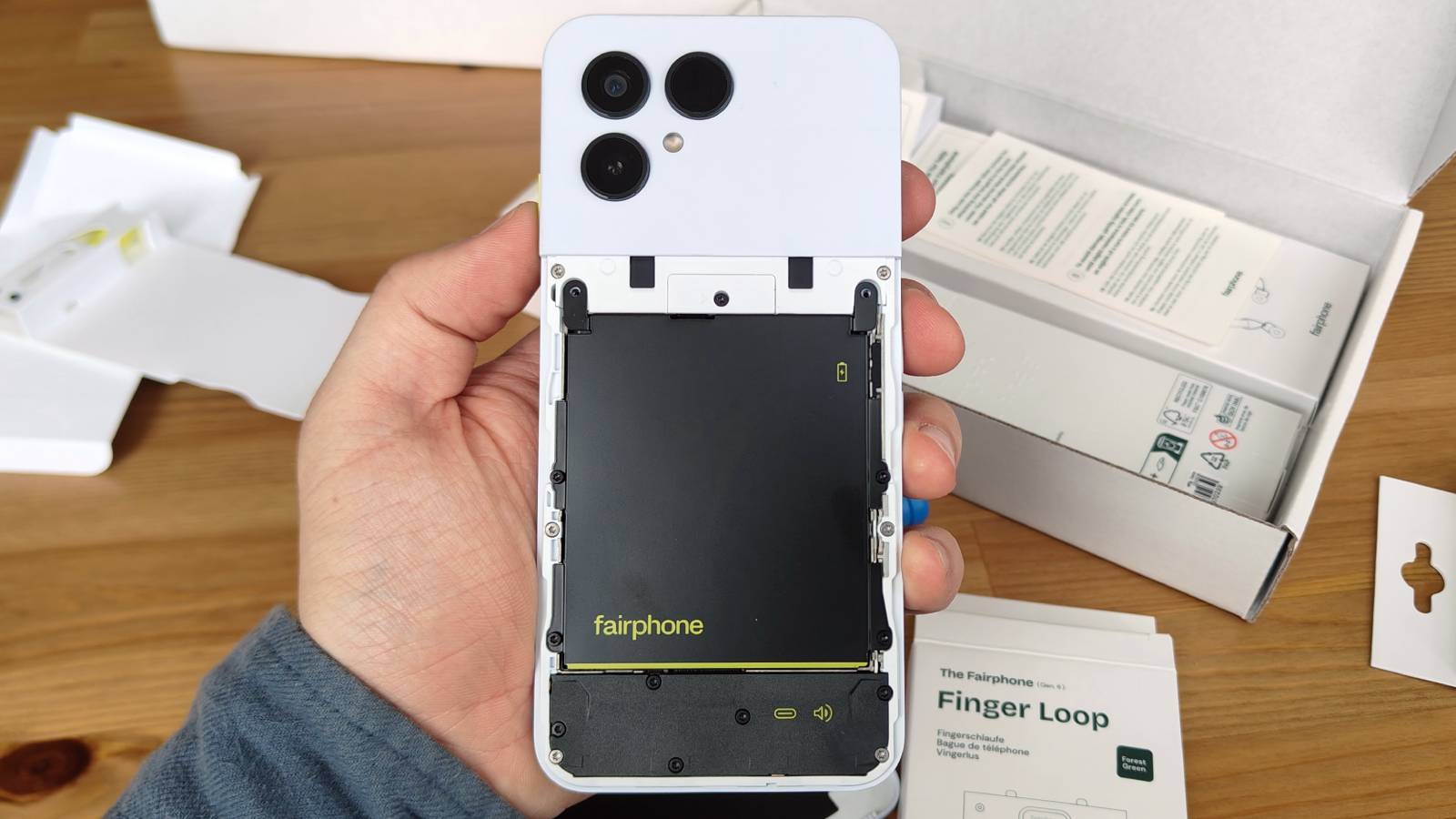 The Fairphone 6 with its back panel removed.