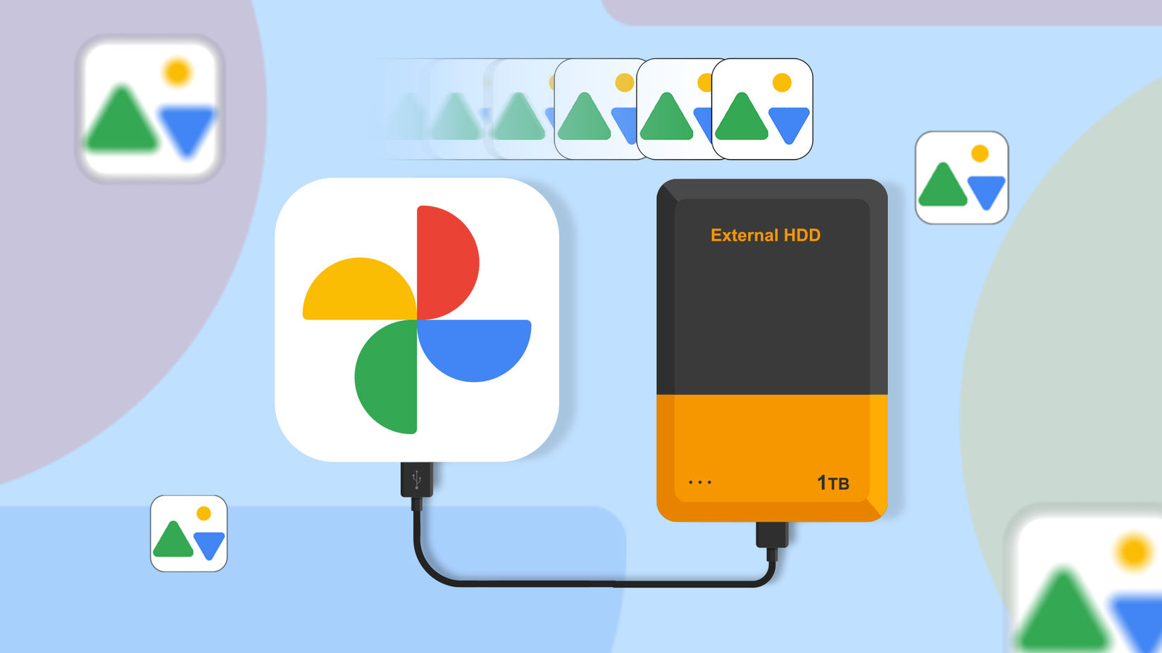Illustration of the Google Photos logo connected to an external hard drive, with multiple photo icons around them.