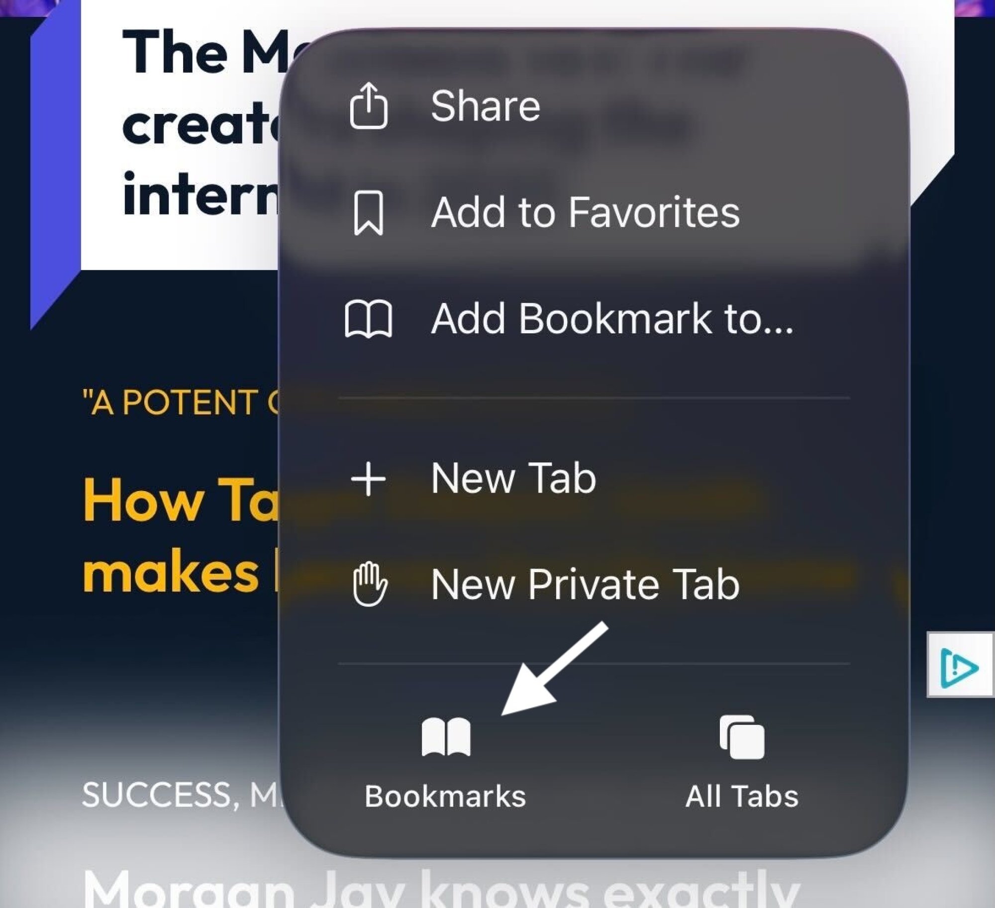 Safari app with an arrow pointing to the Bookmarks button