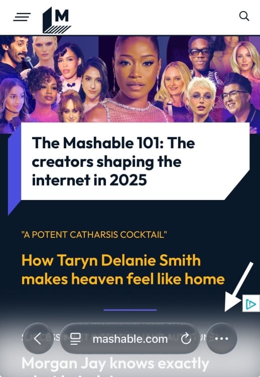 Mashable home page on Safari with an arrow pointing to three dots in the corner