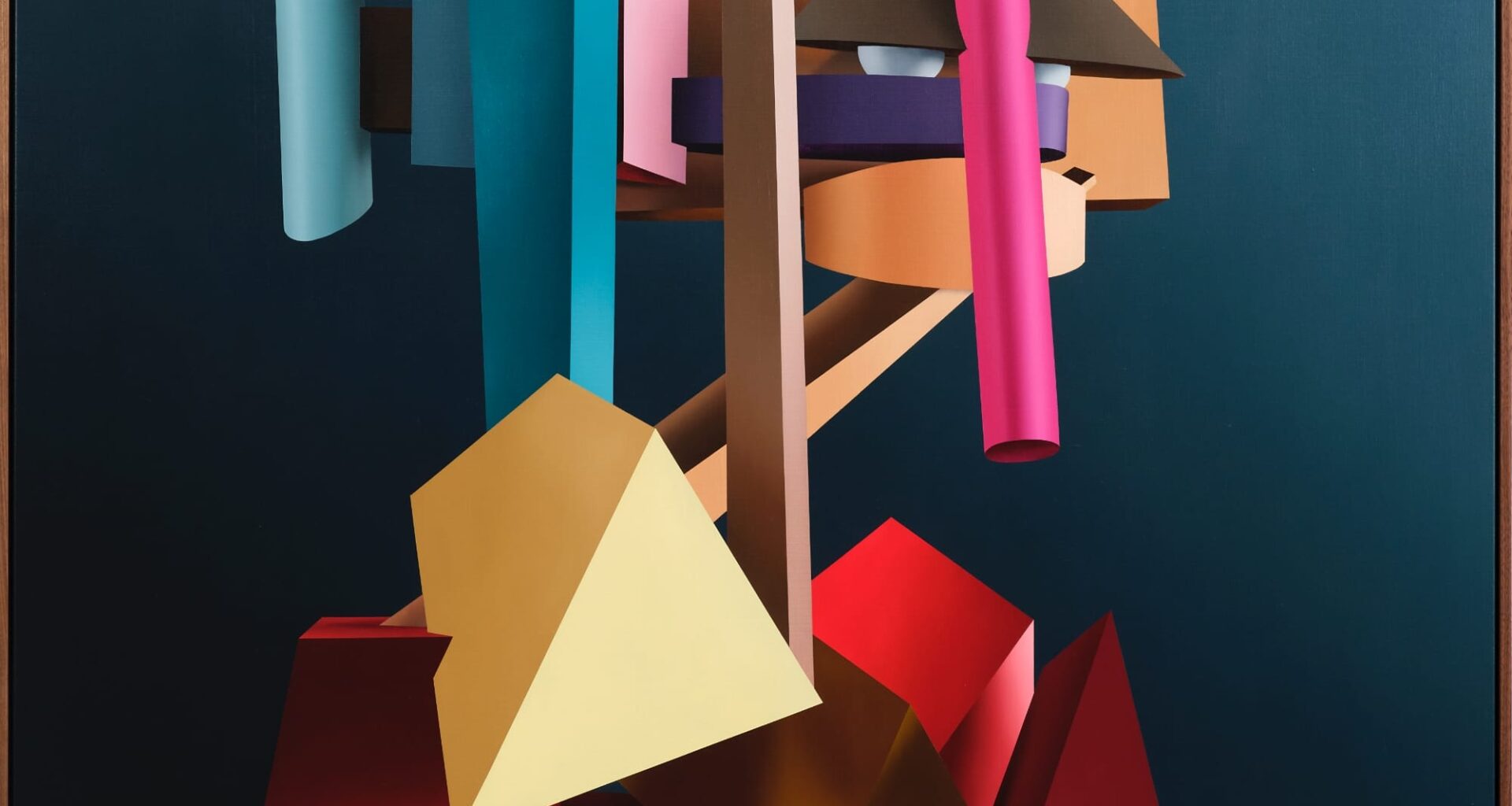 an abstract portrait of a figure painted with chunky, colorful shapes