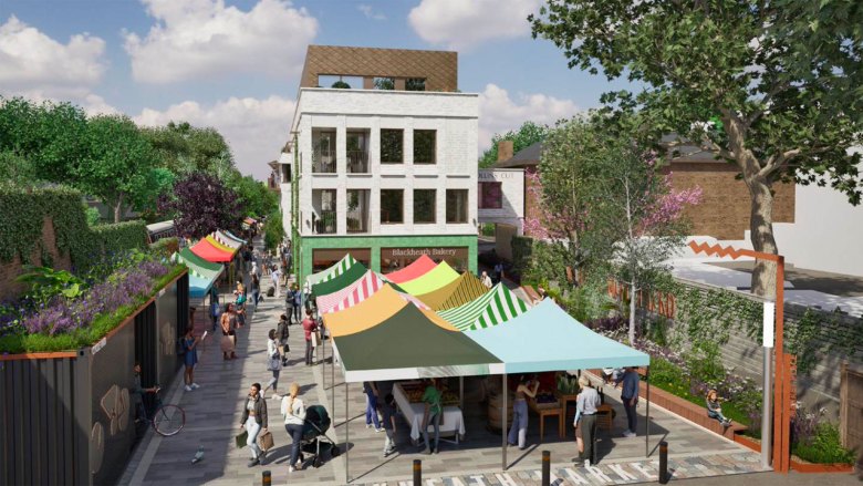 Render of new flats and market