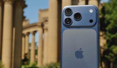 An iPhone 17 Pro in front of the Palace of Fine Arts