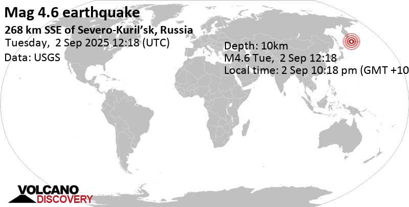 4.6 quake North Pacific Ocean, 206 km southeast of Ostrov Kharimkotan Island, Sakhalin Oblast, Russia, Sep 2, 2025 10:18 pm (GMT +10)