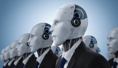 Several humanoid robots dressed in business suits.