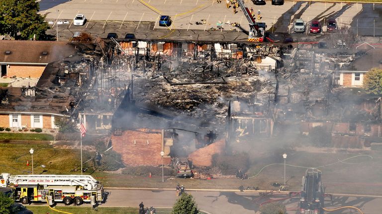 The Church of Jesus Christ of Latter-day Saints in Grand Blanc, Michigan, was set ablaze. Pic: David Guralnick/Detroit News/AP