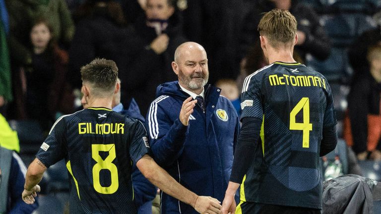 GLASGOW, SCOTLAND  - NOVEMBER 15: Scotland head coach Steve Clarke (centre) with Billy Gilmour and Scott McTominay at full time during the UEFA Nations League 2024/25 League A Group A1 match between Scotland and Croatia at Hampden Park, on November 15, 2024, in Glasgow, Scotland. (Photo by Craig Foy / SNS Group)