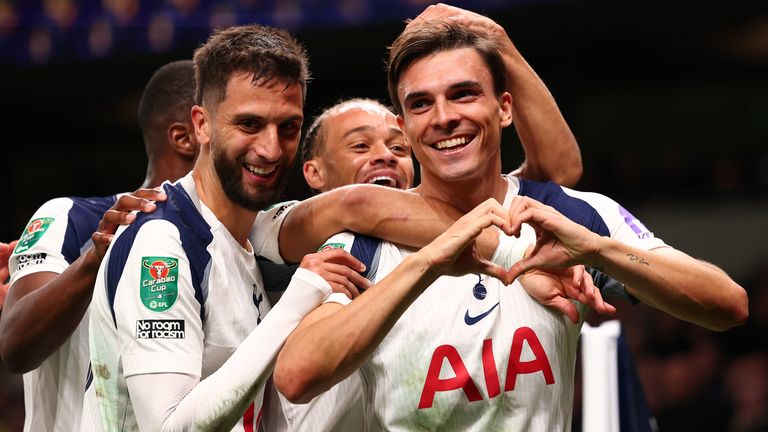 Joao Palhina celebrates with team-mates after putting Tottenham Hotspur ahead against Doncaster Rovers in the Carabao Cup