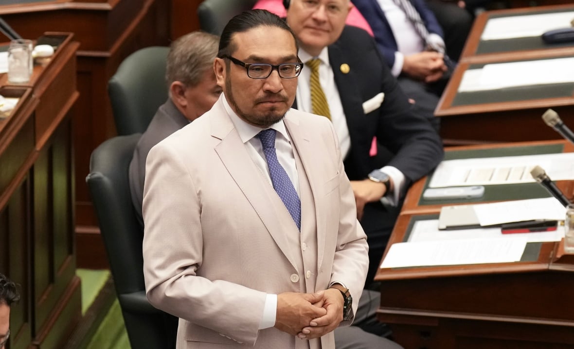 New Democrat Sol Mamakwa stands in the Ontario Legislature in Toronto on Tuesday, May 28, 2024.