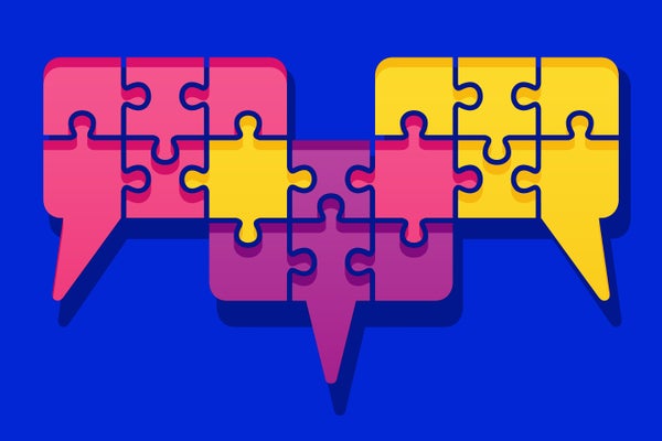 Three overlapping speech bubbles made from puzzle pieces