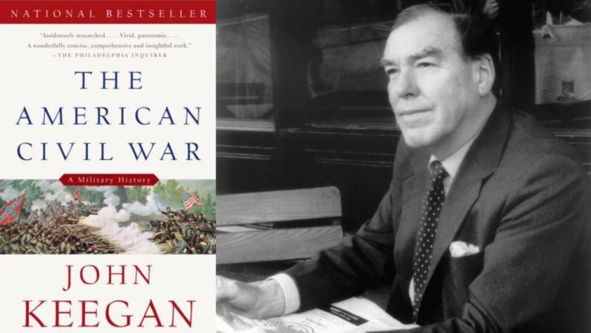 A composite of a book cover with a war painting and black and white headshot of a man. 