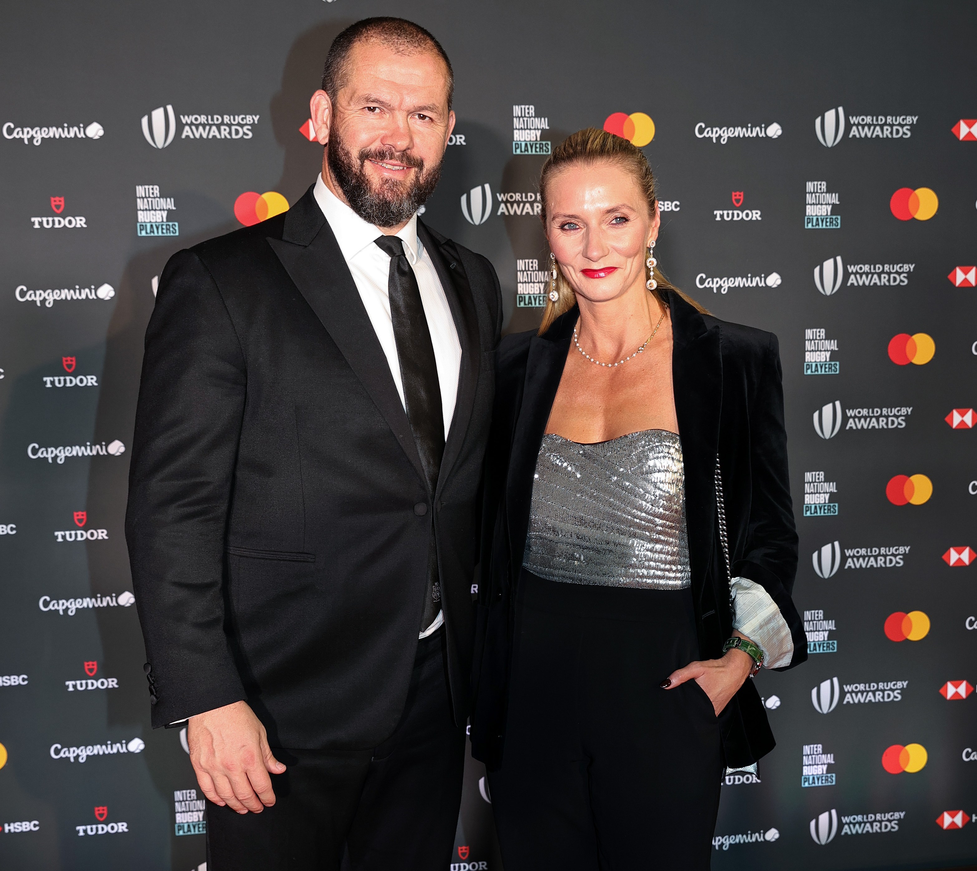 Andy Farrell, Head Coach of Ireland, and Colleen Farrell arrive at the World Rugby Awards.