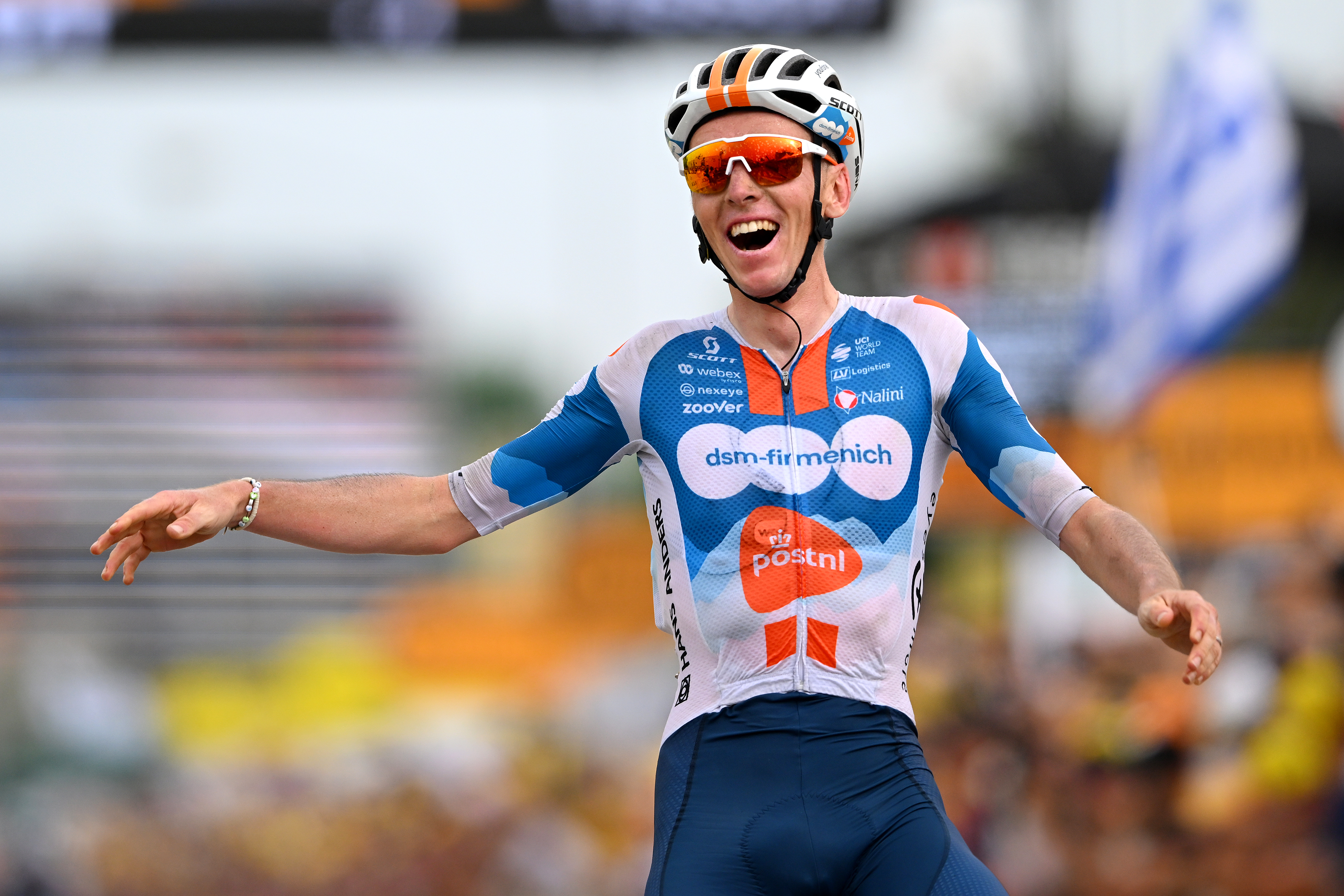 Romain Bardet of France and Team dsm-firmenich PostNL celebrates at the finish line as stage winner during the 111th Tour de France 2024, Stage 1.