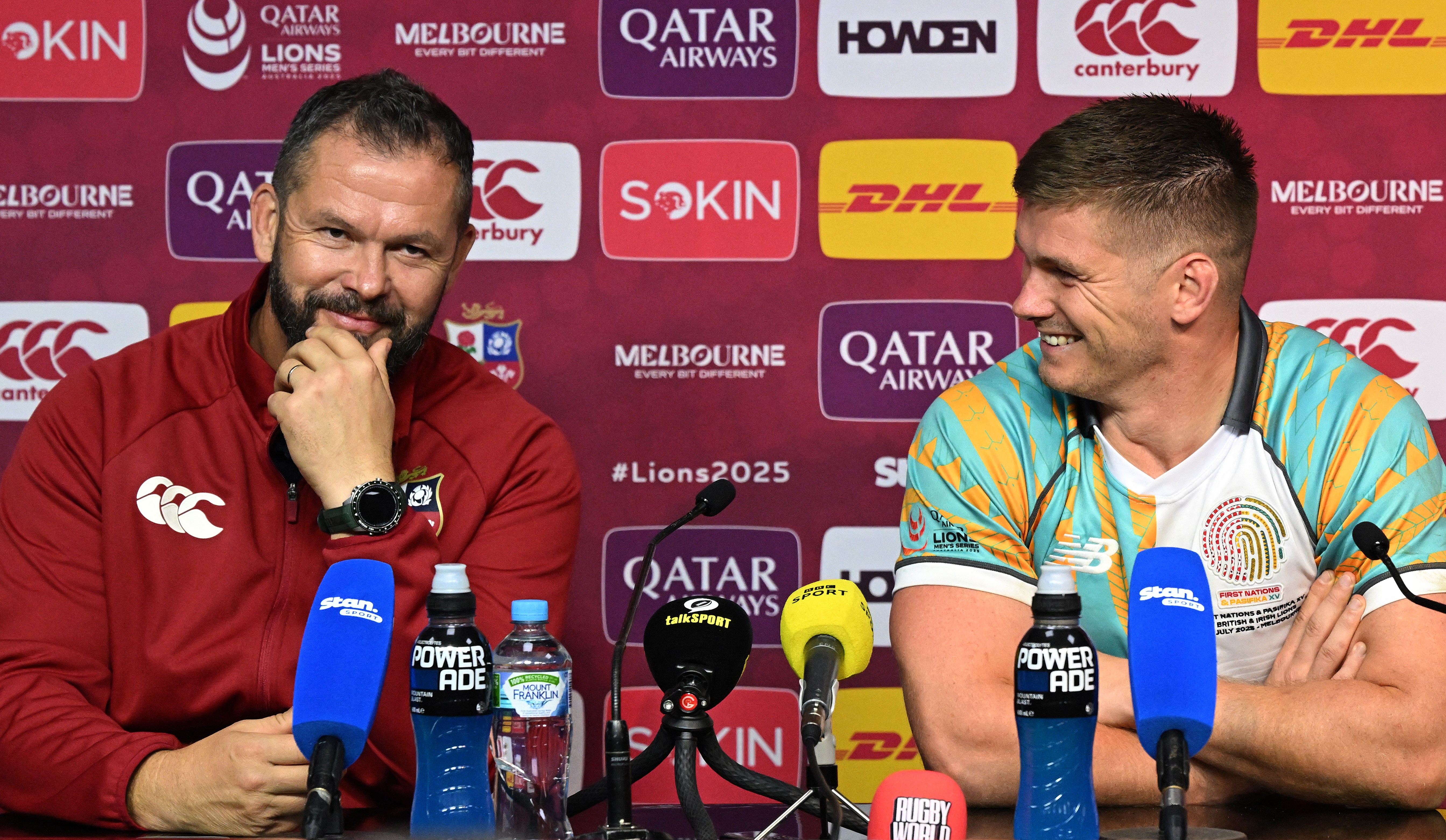 British and Irish Lions' Head Coach Andy Farrell (L) and player Owen Farrell at a press conference.