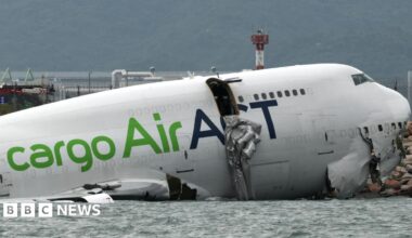 Hong Kong: Two dead after cargo plane skids off runway into sea - follow live