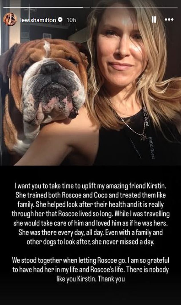 Hamilton paid tribute to Kirstin McMillan's work and support of both Roscoe and his other bulldog Coco