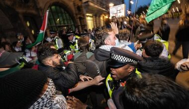 Police scuffle with protestors at the south end of Whitehall following a protest in Parliament square on Thursday