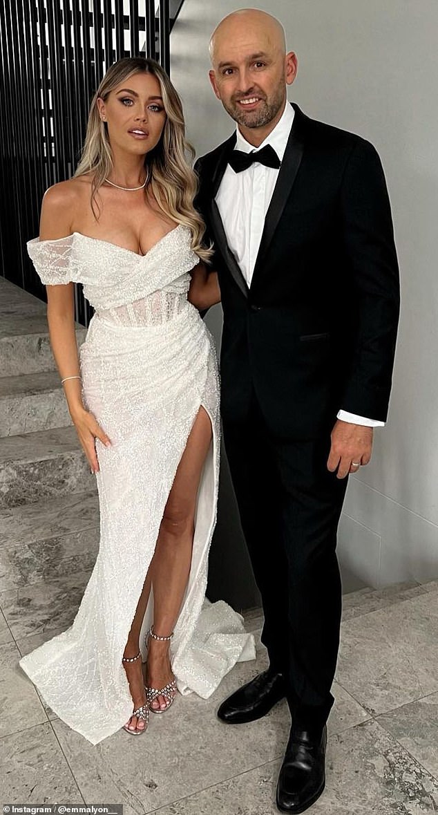 Lyon needs just two more dismissals to surpass Glenn McGrath's haul of 563 Test scalps to move into second spot when it comes Australia's all-time leading wicket-takers (pictured, with wife Emma)