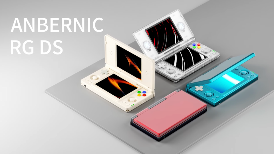 Anbernic's RG DS in four colorways, including white, transparent, blue and red/black.