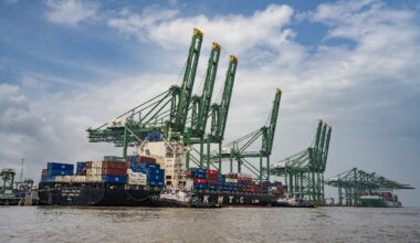 Shipping containers stacked on the KMTC Jebel Ali container ship at Jawaharlal Nehru Port in Navi Mumbai, Maharashtra, India, on August 9, 2025. Photo: VCG