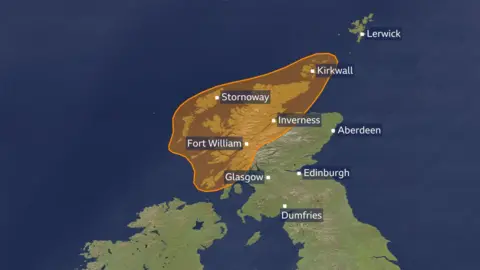 A graphic showing area of amber warning.