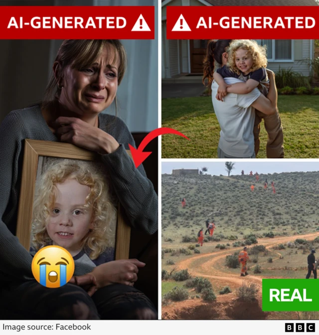Two images, left and top-right, were shared by the account that we know are AI-generated. The bottom-right image is real but was also posted by the Facebook account