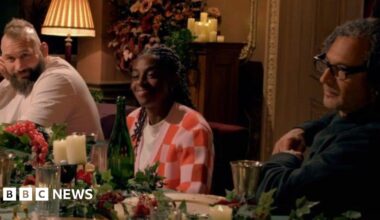 Celebrity Traitors at a lavish meal