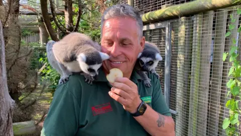 Richard Madden/BBC Steve Nichols, a man with grey hair and wearing a green t-shirt, feeds a slice of apples to two lemurs which are perched on his shoulder. He is standing in an animal enclosure which is surrounded by leafy green bushes and a metal fence.
