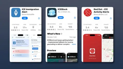 A composite image consisting of three screenshots from the Apple App store, showing three different apps - Ice Immigration Alert, ICEBlock and Red Dot - Ice Activity Alerts