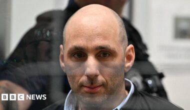 Cedric Jubillar is pictured in the courtroom of the Tarn Assizes at the opening of a hearing in his trial for the murder of his wife Delphine Jubillar,