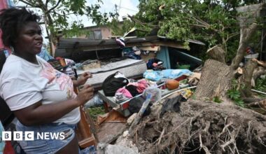 An aerial view of hurricane destruction shows collapsed buildings with roofs torn off and debris scattered across the ground. In the centre is a partially standing two-storey pink and white building. Broken wooden beams, metal sheets and concrete rubble cover the surrounding area as well as bare trees.