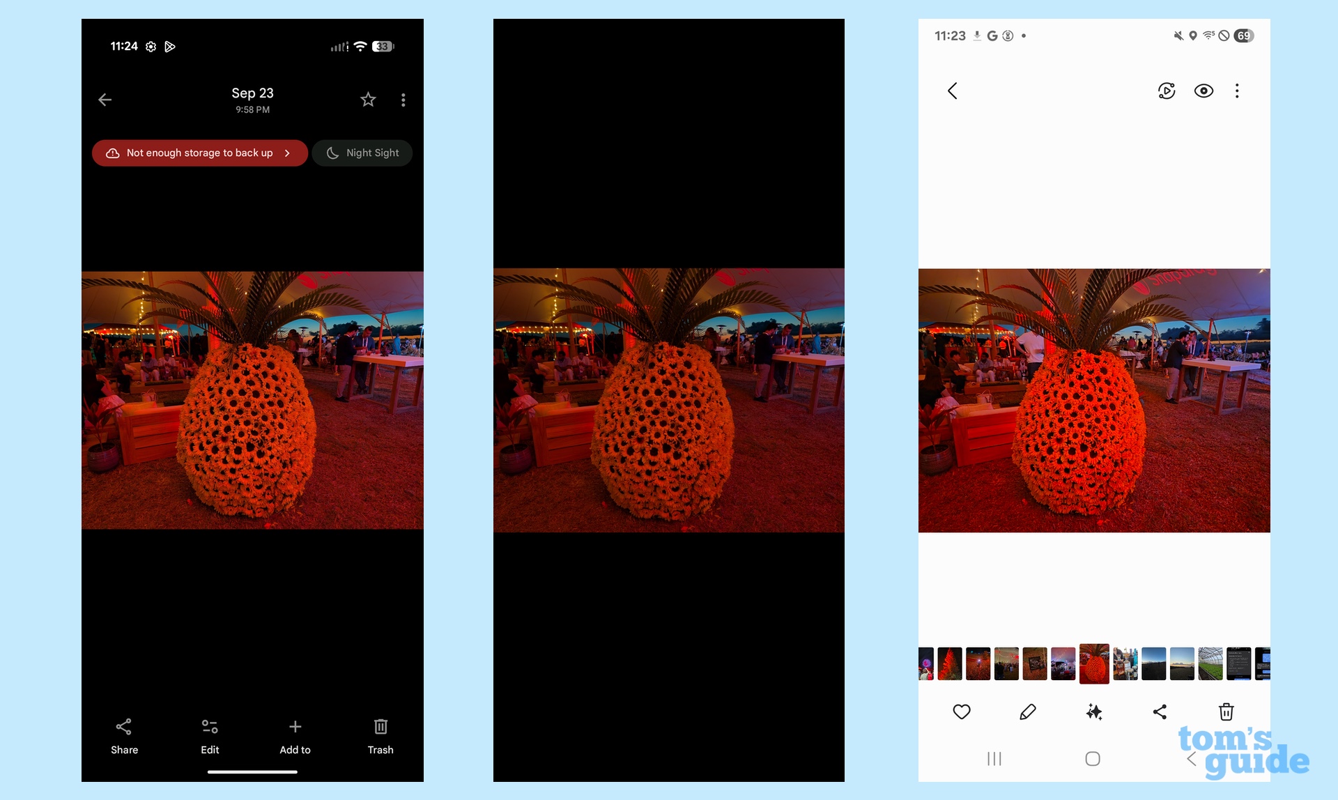Photos displayed on a Pixel 10 Pro, iPhone 17 Pro and Galaxy S25 Plus
