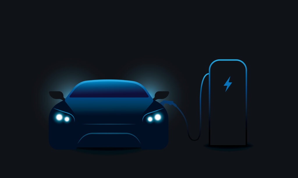Electric car charging set against black background.