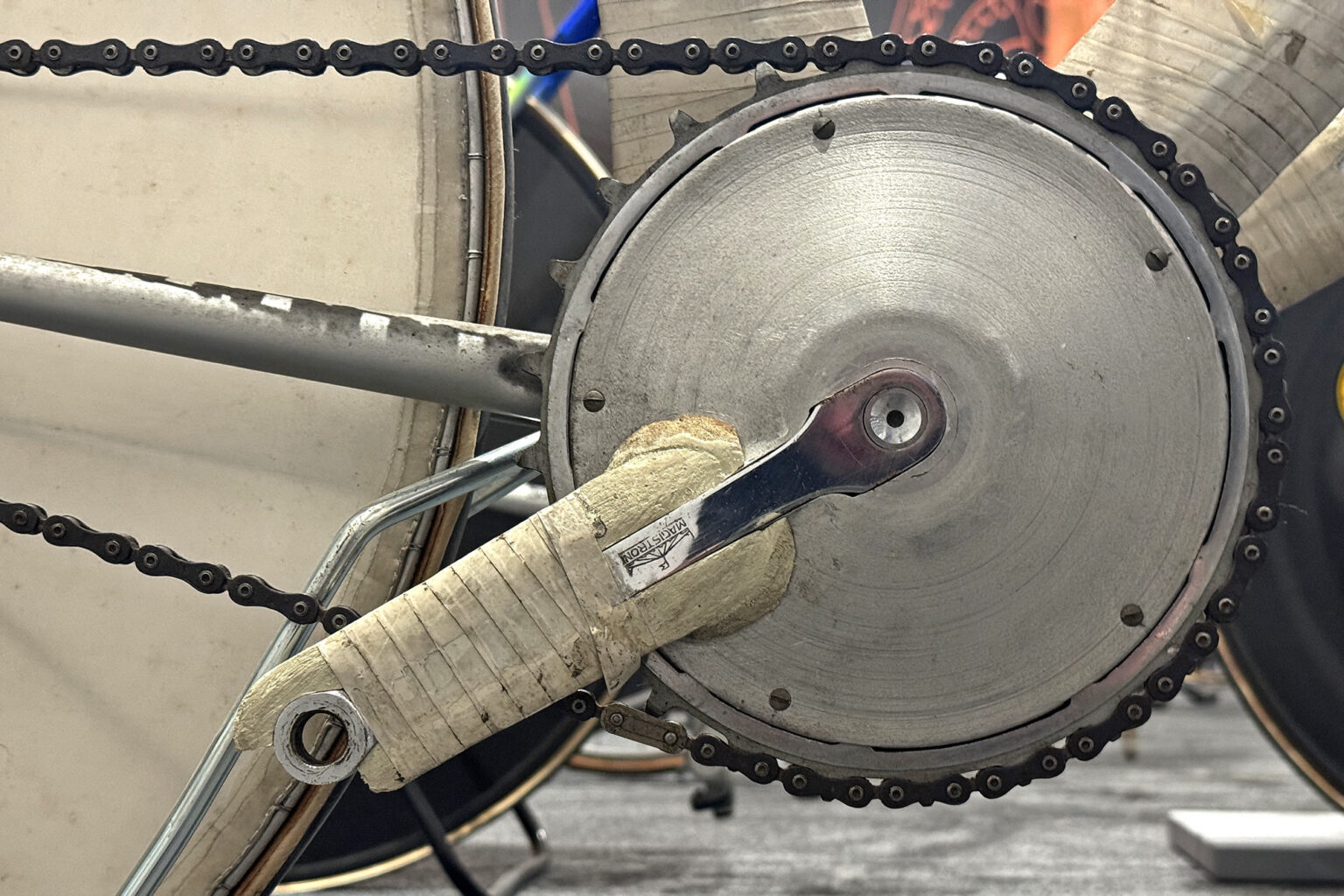 Ghisallo Cycling Museum: prototype aero bike in 1950 by Ing. Gazzoni, aerodynamic chainring spider and cranksarms