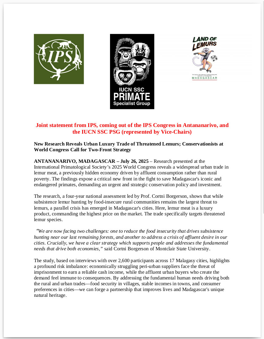 Screenshot of statement: Urban luxury bushmeat trade threatens lemurs, IPS and IUCN