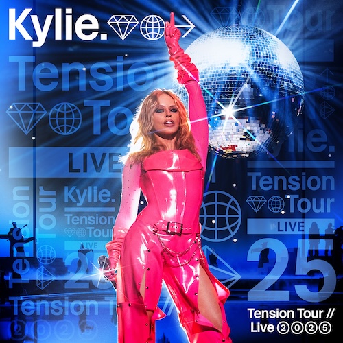 Kylie Minogue in a pink latex jumpsuit on the Tension Tour // Live 2025 album cover