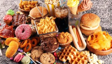Unhealthy foods—burgers, hot dogs, fries, waffles, doughnuts, cookies, potato chips, etc.