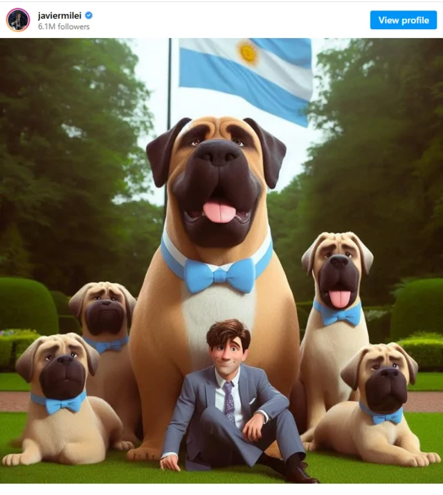 Argentine President Javier Milei posted what seemed to be an AI-generated illustration of him and his dogs on Instagram in 2023.