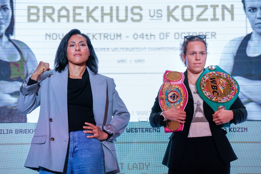 Cecilia Brækhus and Ema Kozin pose during a news conference in Oslo, Norway, in August.