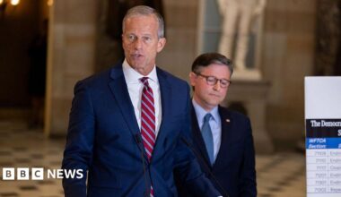 Senate Majority Leader John Thune and House Speaker Mike Johnson speaking on Capitol Hill on 3 October.